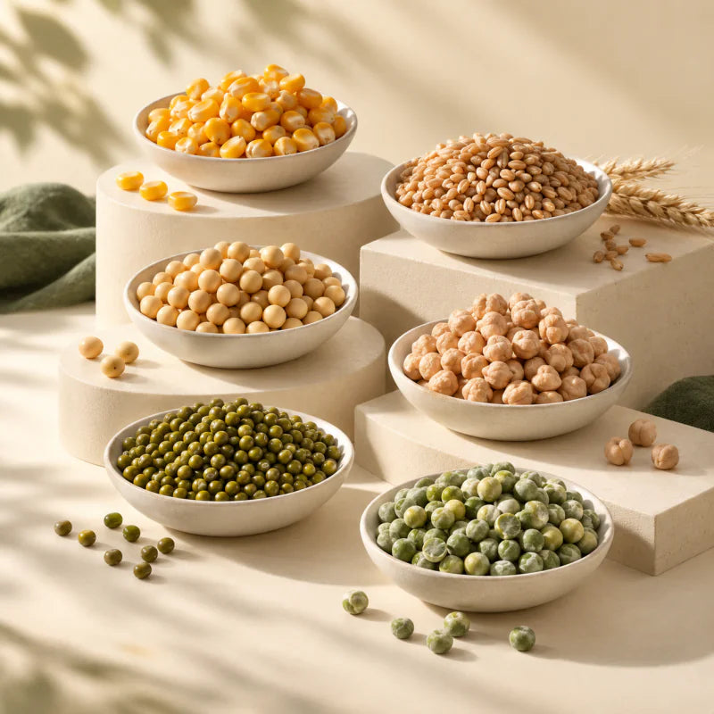 Bowls of corn, wheat, soybeans, chickpeas, mung beans and peas
