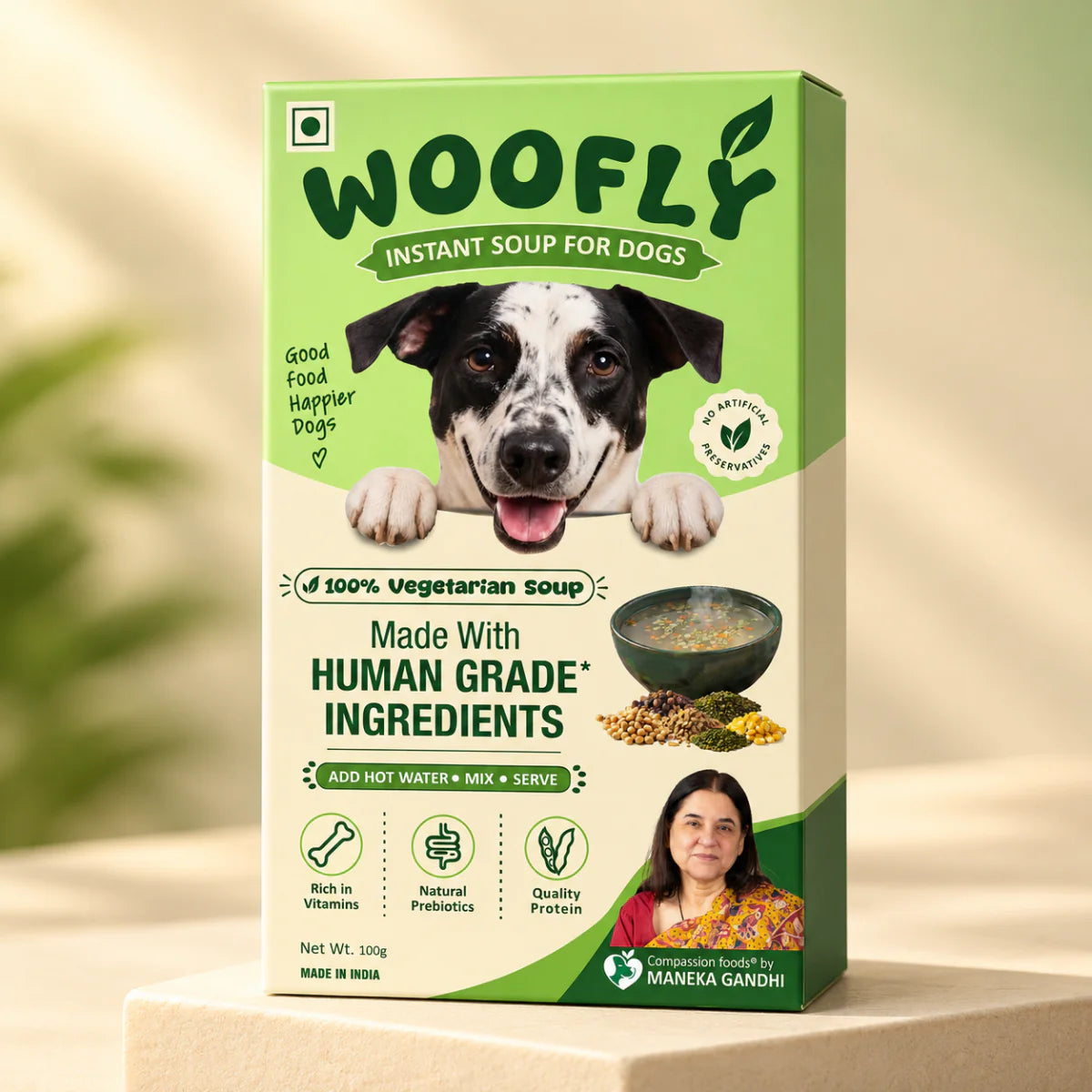 3D illustration of the Woofly Instant Soup for Dogs pack