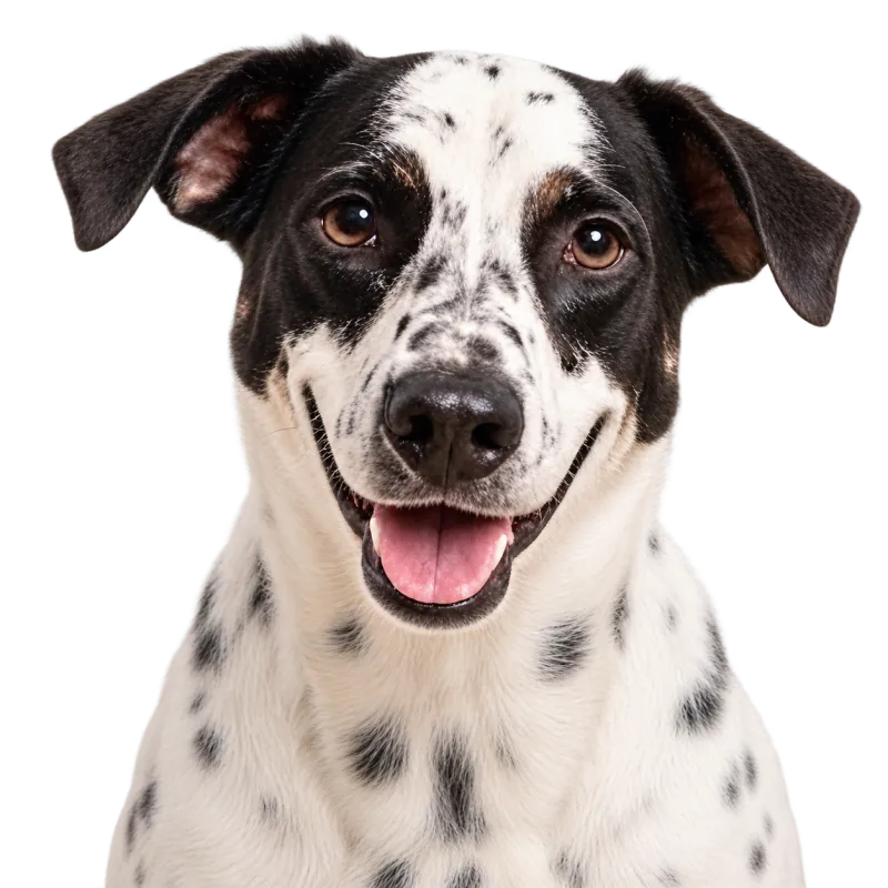A friendly black-and-white Woofly dog
