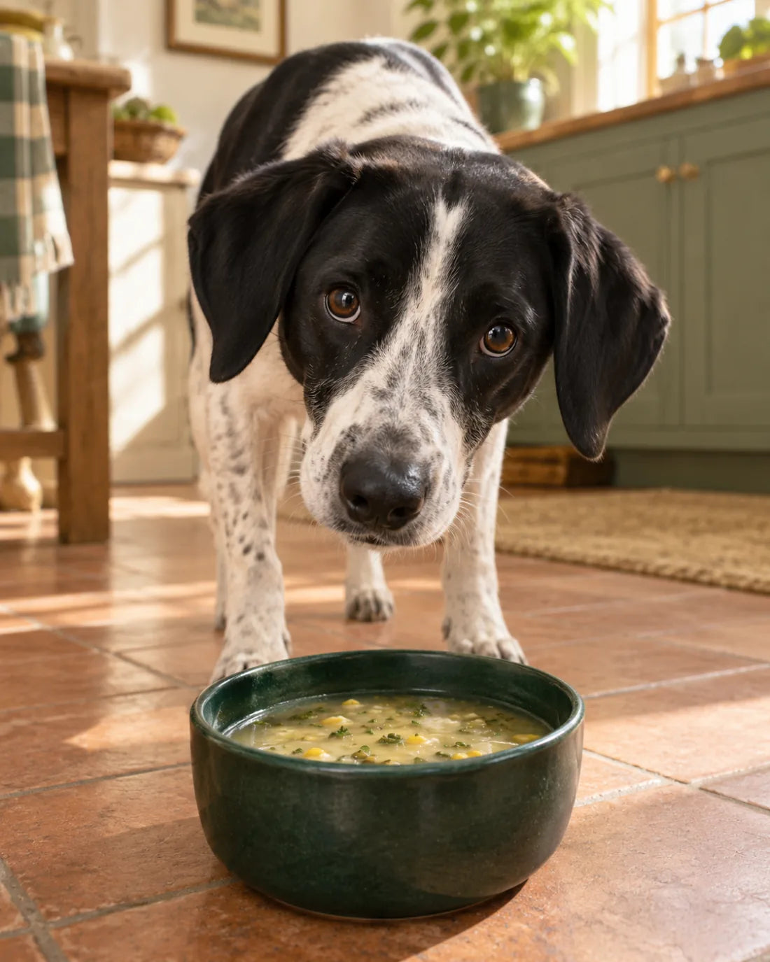A black-and-white dog beside a bowl of soup in a sunlit kitchen