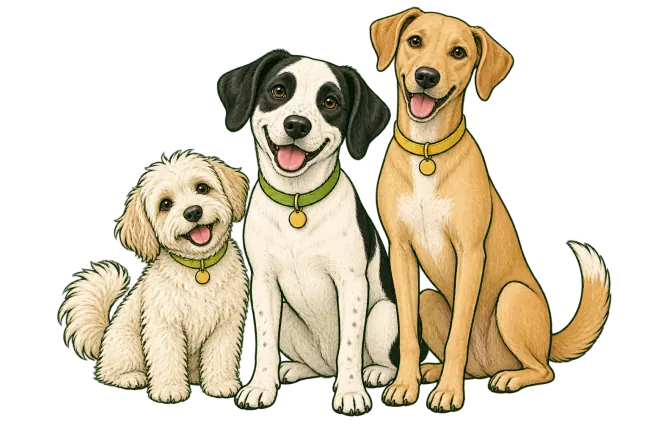 Illustration of three happy dogs